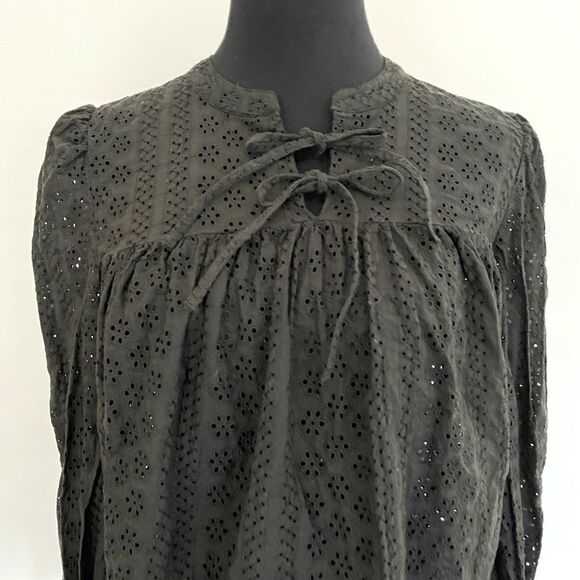 Madewell Small Eyelet Double-Tie Peasant Top Black Long Sleeve Style #K3808 - Picture 2 of 10